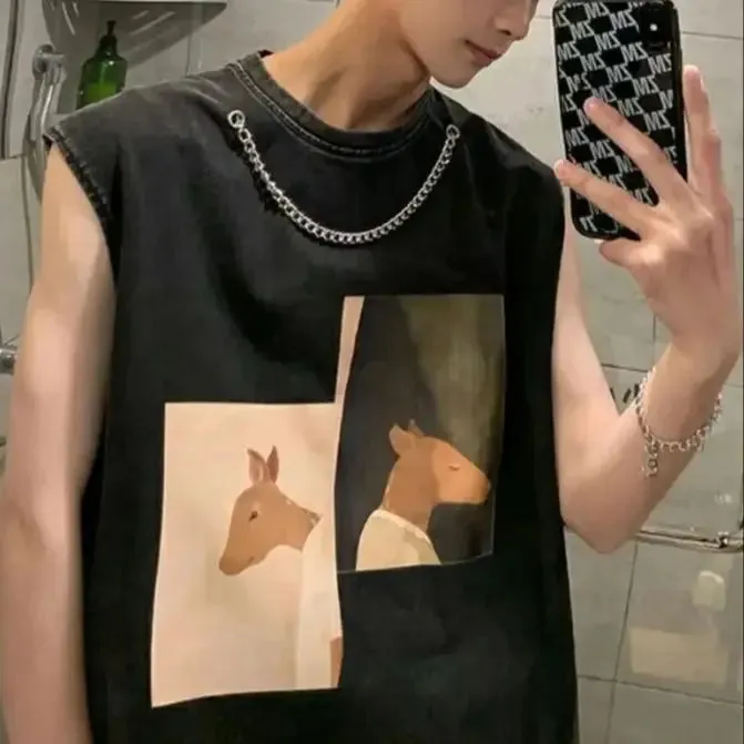 Bonsir Black Undershirt Men's Summer Loose Design Large Size Sleeveless T-shirt Tide Netflix Sports Fitness Sweatshirt Deer Sports