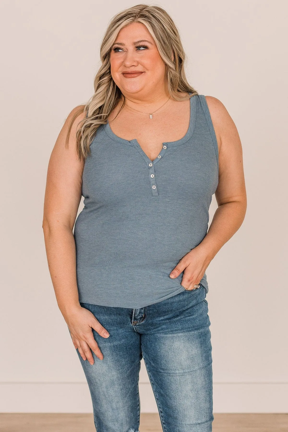 Bound To Be Beautiful Button Henley Tank Top- Denim Blue