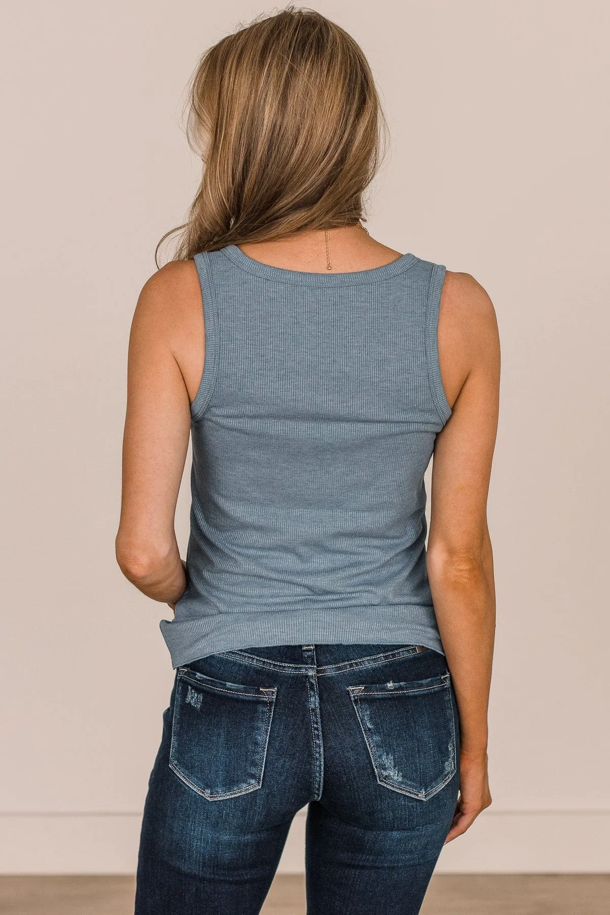Bound To Be Beautiful Button Henley Tank Top- Denim Blue