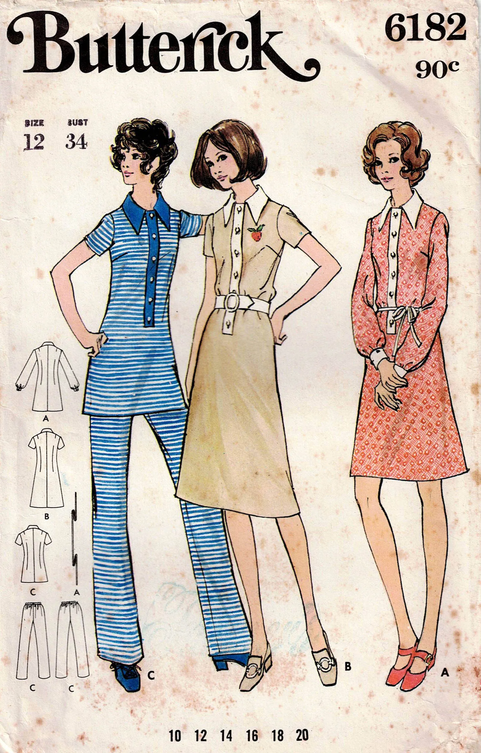 Butterick 6182 Womens Tab Front Dress Top & Pants 1970s Vintage Sewing Pattern Size 12 Bust 34 inches