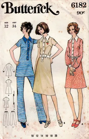 Butterick 6182 Womens Tab Front Dress Top & Pants 1970s Vintage Sewing Pattern Size 12 Bust 34 inches