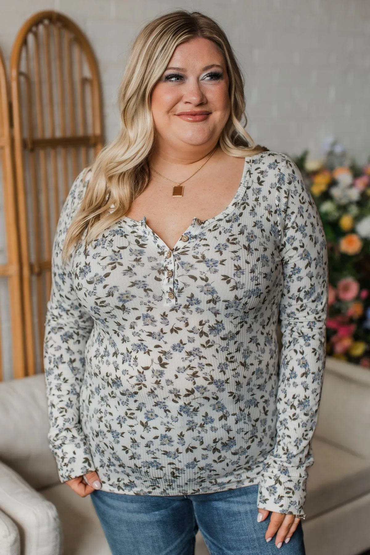 Call Out Your Name Floral Henley Top- Ivory & Denim