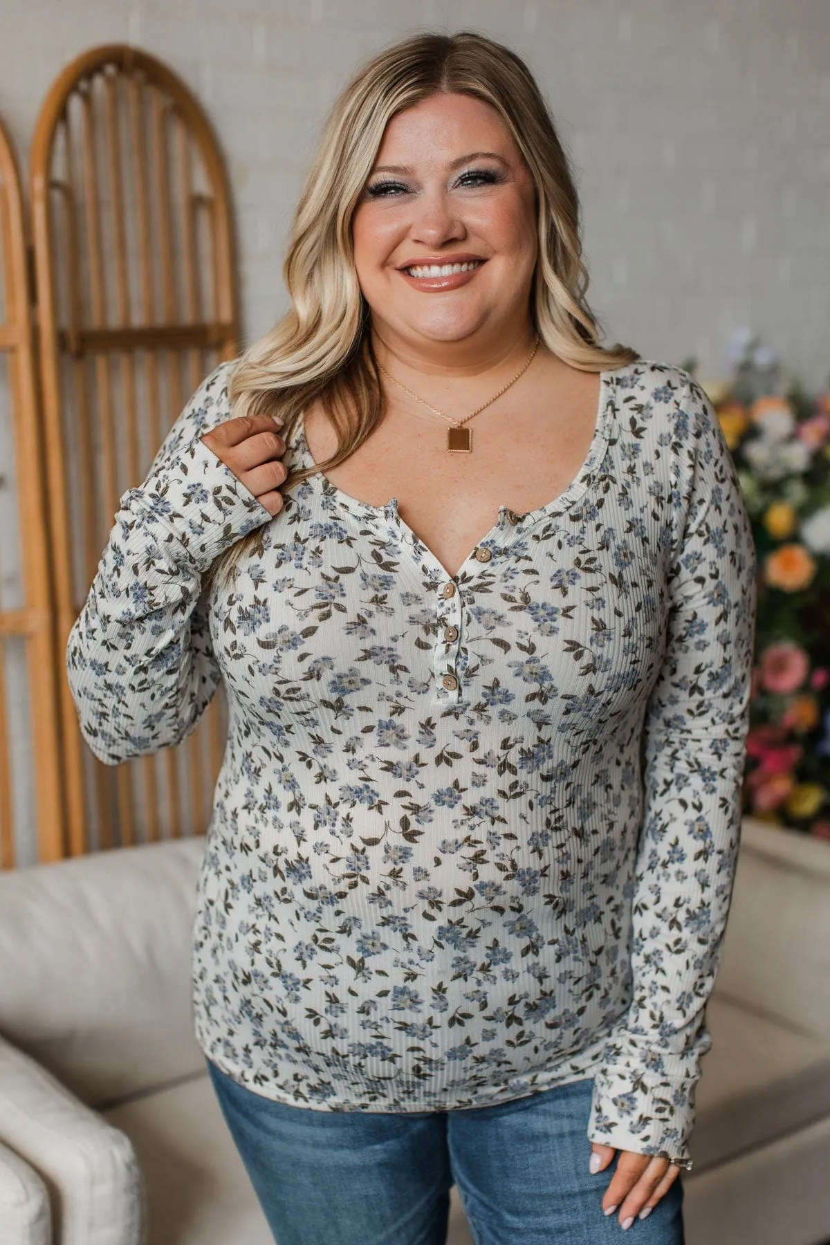 Call Out Your Name Floral Henley Top- Ivory & Denim