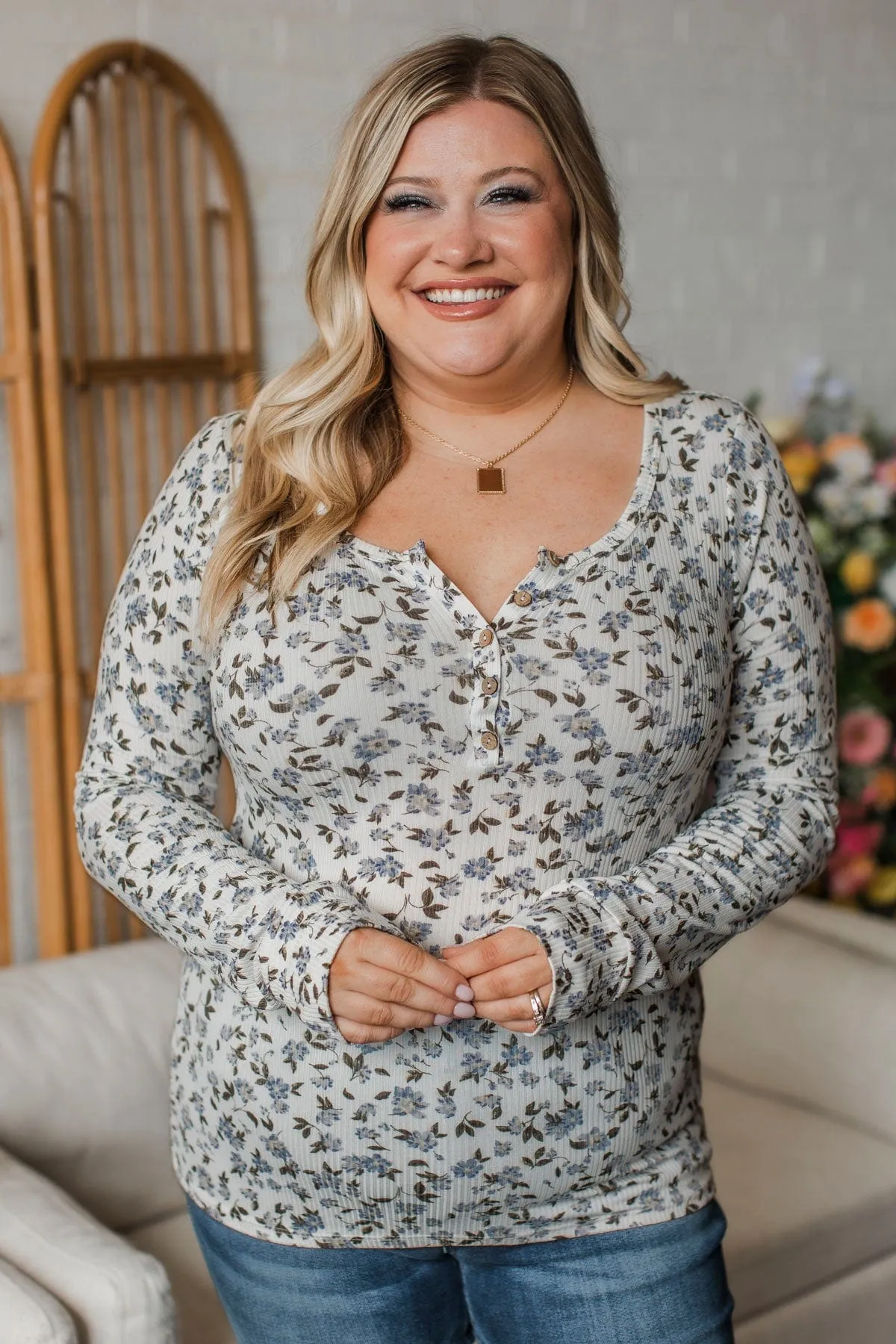 Call Out Your Name Floral Henley Top- Ivory & Denim