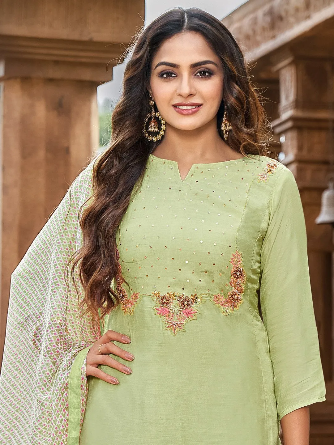Chanderi Green Embroidered Unstitched Cotton Suit