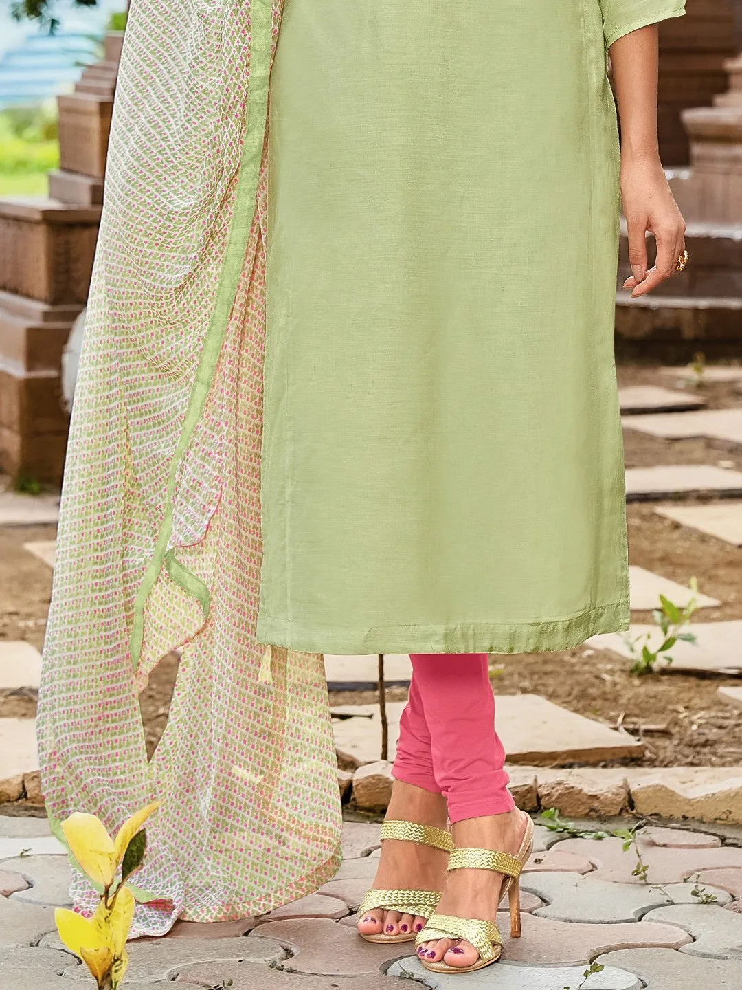 Chanderi Green Embroidered Unstitched Cotton Suit