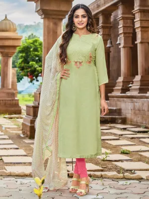 Chanderi Green Embroidered Unstitched Cotton Suit