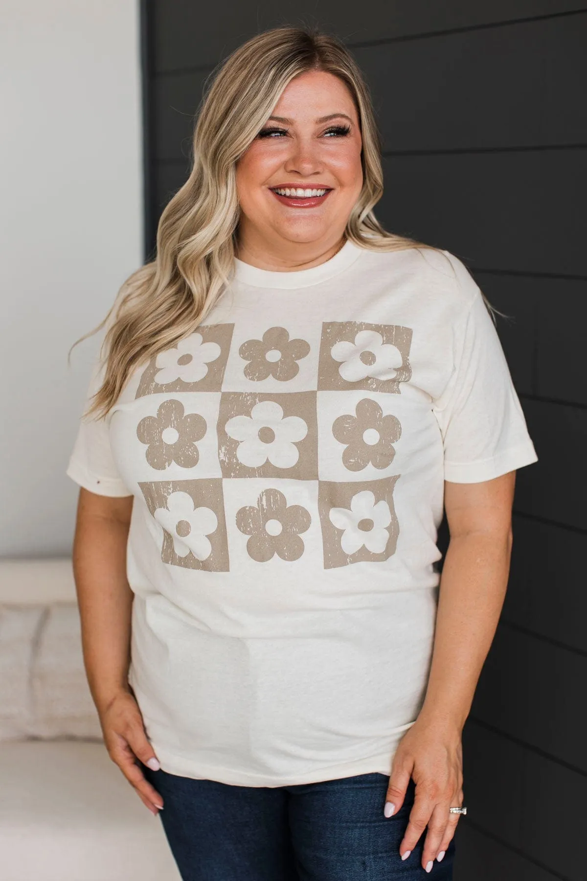 Checkered Flowers Graphic Tee- Ivory