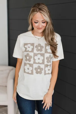 Checkered Flowers Graphic Tee- Ivory