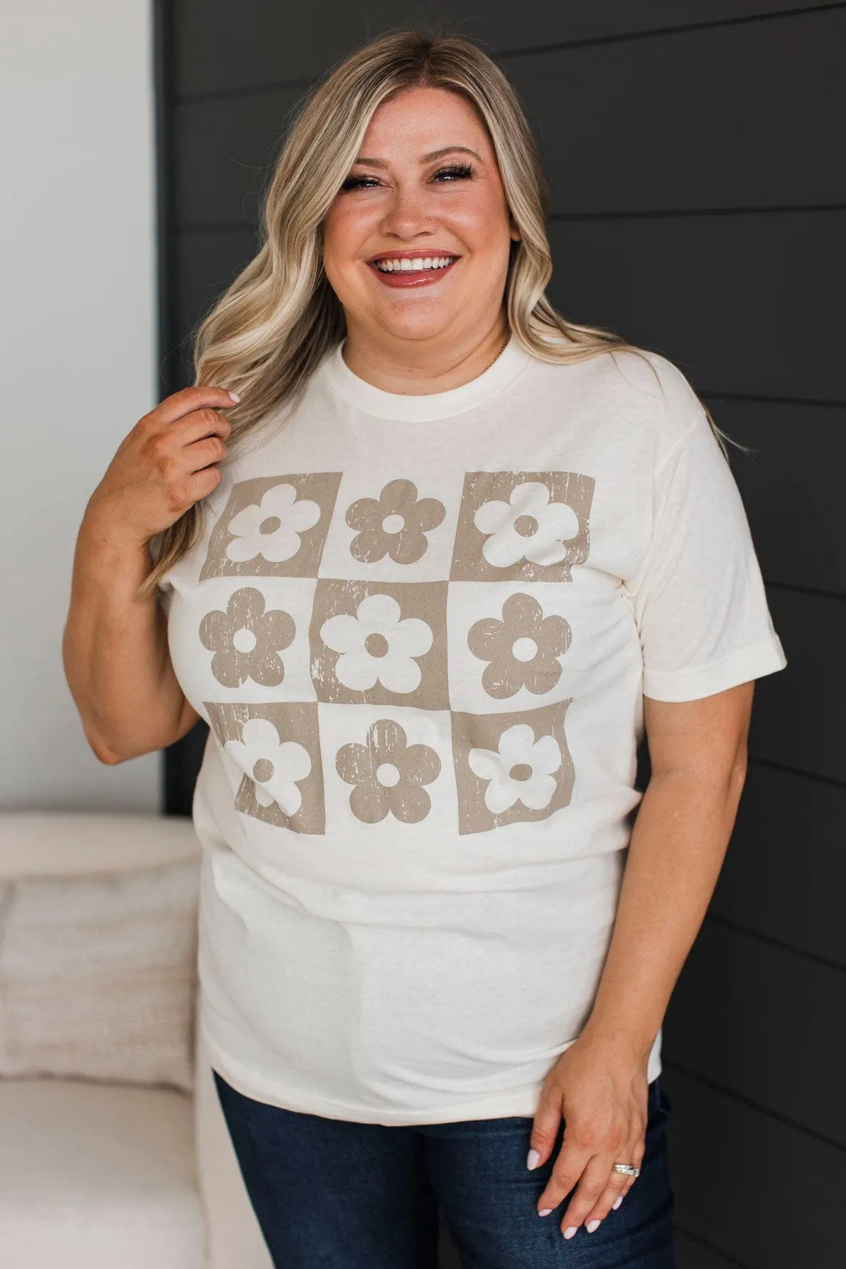 Checkered Flowers Graphic Tee- Ivory