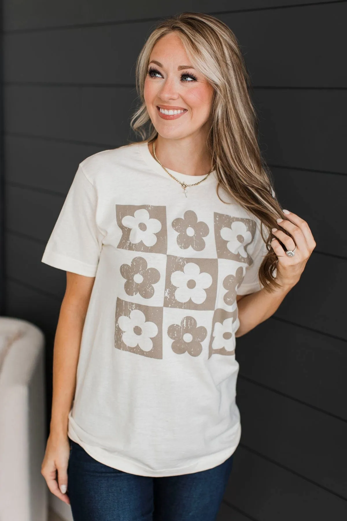 Checkered Flowers Graphic Tee- Ivory