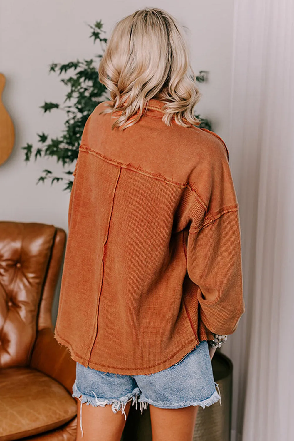 Chestnut Waffle Exposed Seam Pocket Henley Sweatshirt