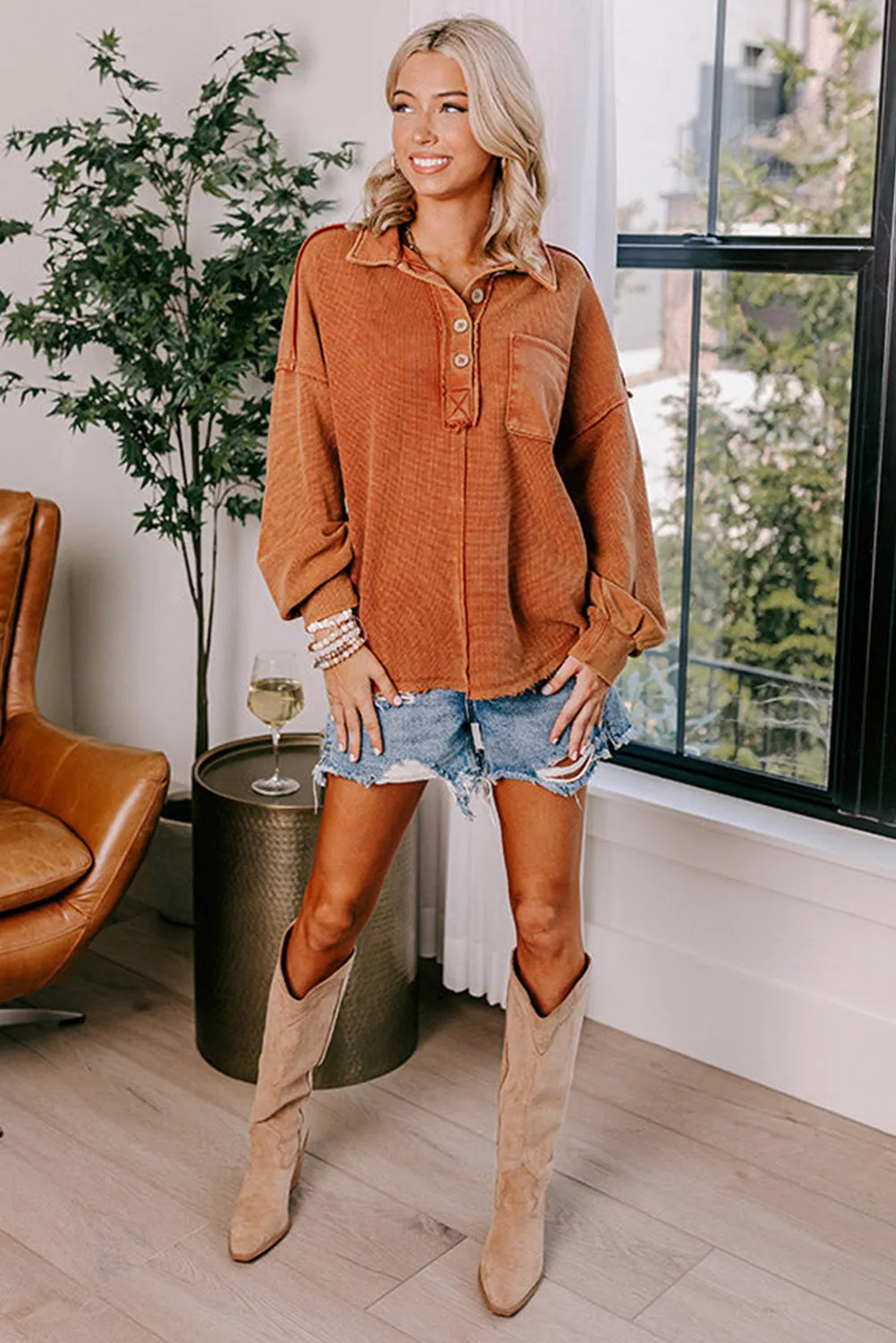 Chestnut Waffle Exposed Seam Pocket Henley Sweatshirt