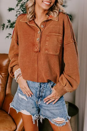 Chestnut Waffle Exposed Seam Pocket Henley Sweatshirt