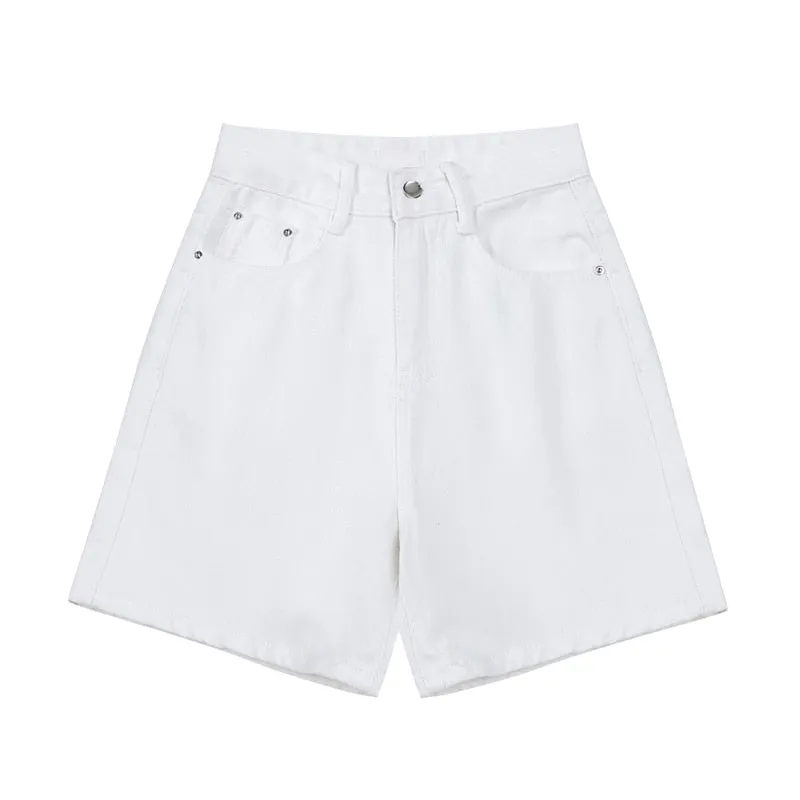 CityHottie - Women's Short Summer High Waist Jeans Baggy Straight Five Points Trousers Streetwear Vintage Mom Denim Wide Leg Short Pants