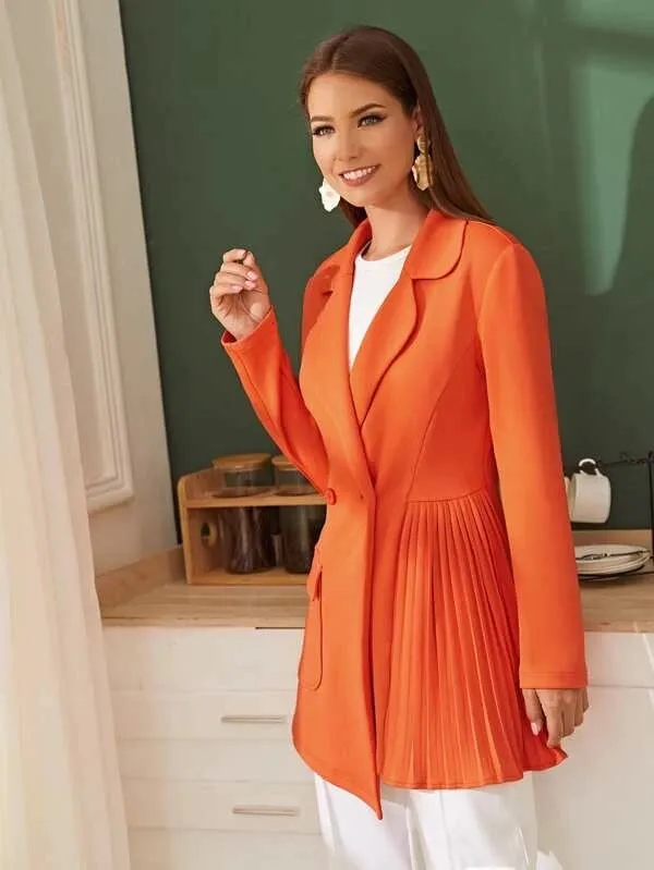 CM-CS924561 Women Elegant European Style Notched Collar Pleated Panel Blazer - Orange