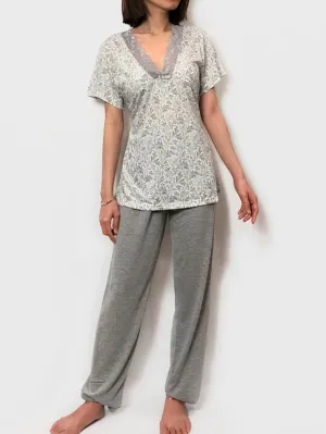 Cotton Pattern Lace-Trim Pajama Lounge Set
