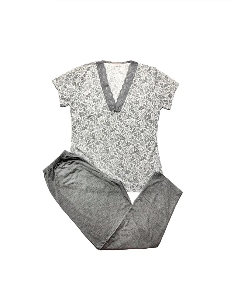 Cotton Pattern Lace-Trim Pajama Lounge Set