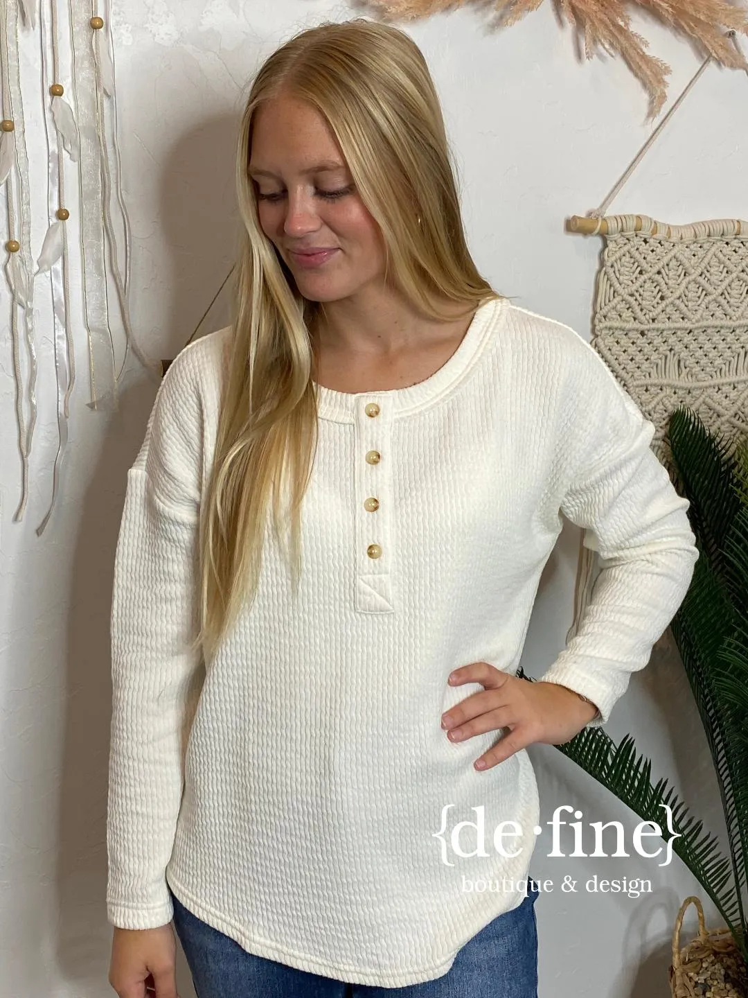 Cream Waffle Knit Henley in Regular & Curvy