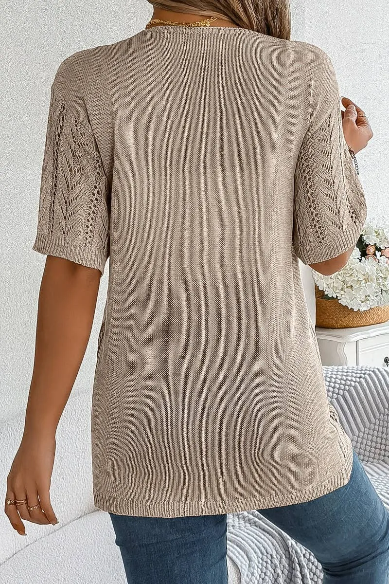 CWTBLS1057_SUMMER SHORT-SLEEVED HOLLOW-KNIT SUNSCREEN SHIRT