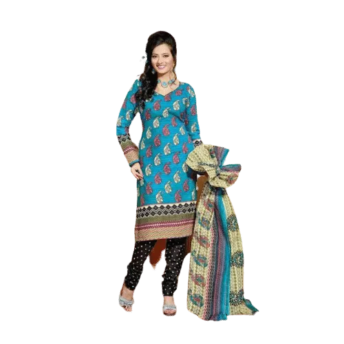 Cyan and Black printed cotton salwar kameez dress material