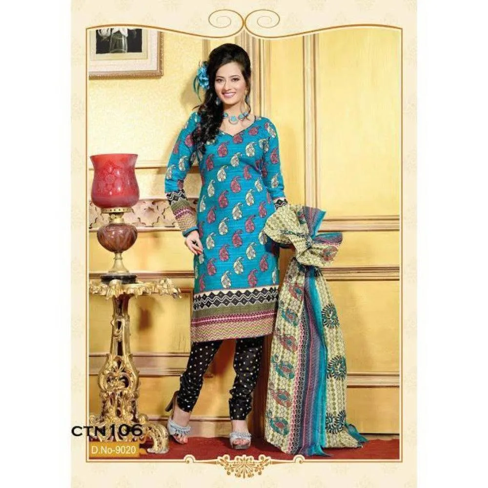 Cyan and Black printed cotton salwar kameez dress material