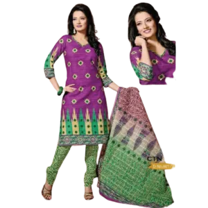 Dark Pink and Green Cotton Salwar Suits Dress Material
