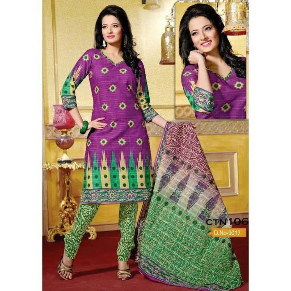 Dark Pink and Green Cotton Salwar Suits Dress Material