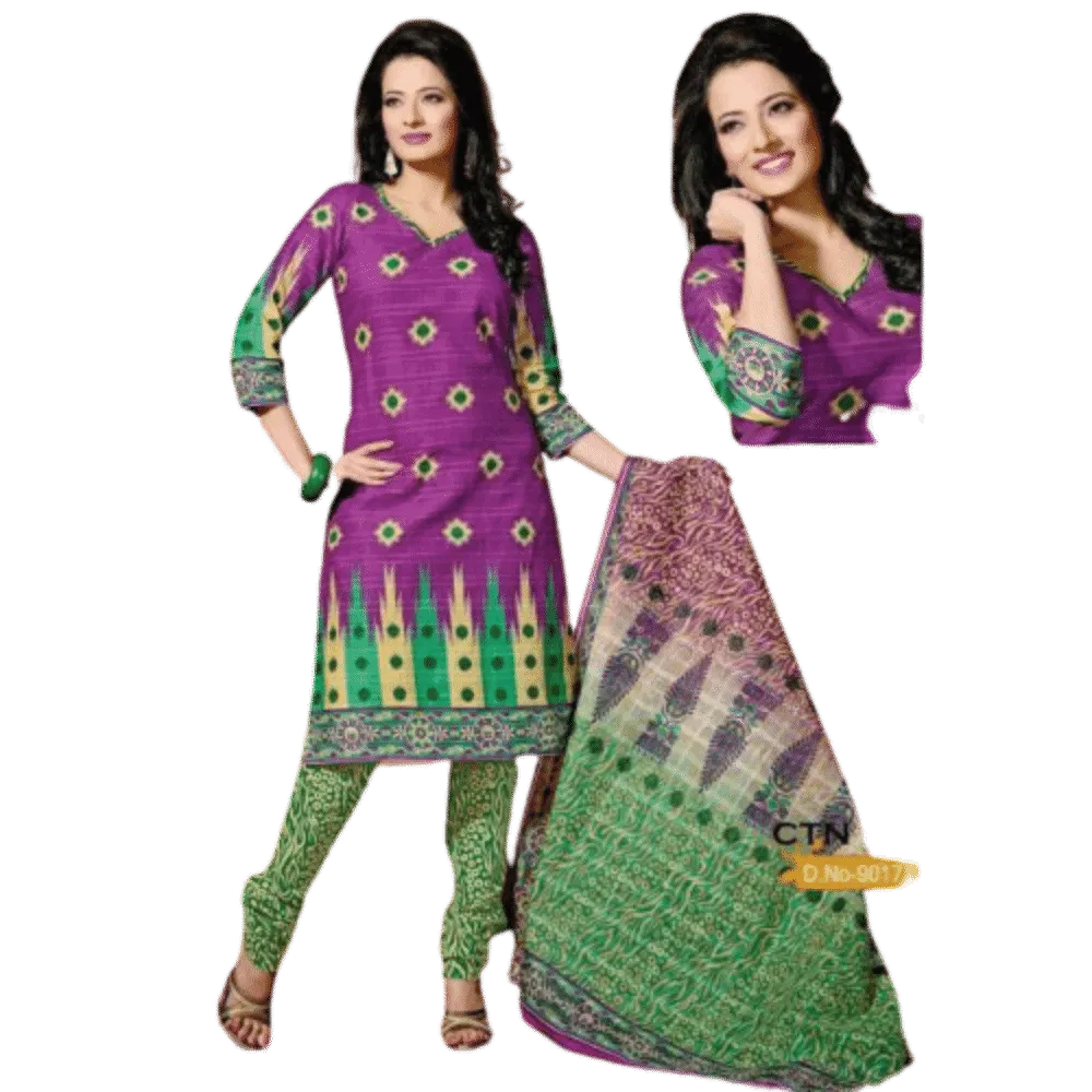 Dark Pink and Green Cotton Salwar Suits Dress Material