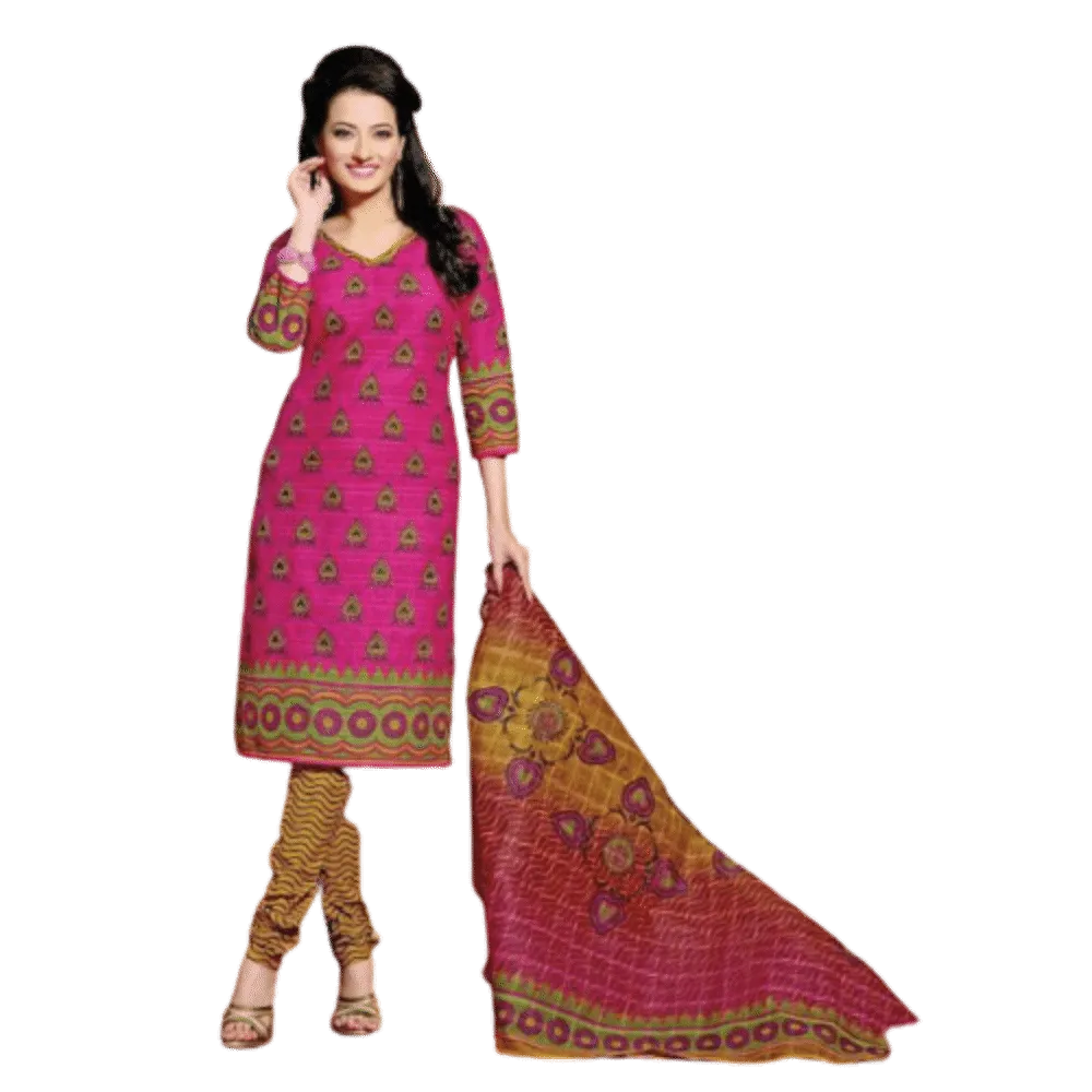 Dark Pink And Yellow Cotton printed Salwar Suit Dress Material