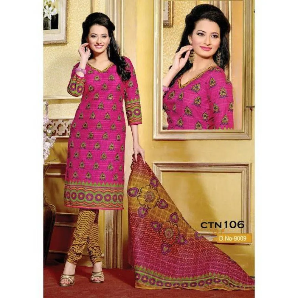Dark Pink And Yellow Cotton printed Salwar Suit Dress Material