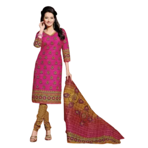 Dark Pink And Yellow Cotton printed Salwar Suit Dress Material