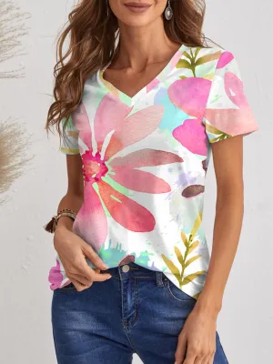 Dawnlyn Printed V-Neck Floral Short Sleeve T-Shirt - Online Exclusive