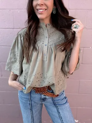 Dear John- Elodia Top Olive Eyelet