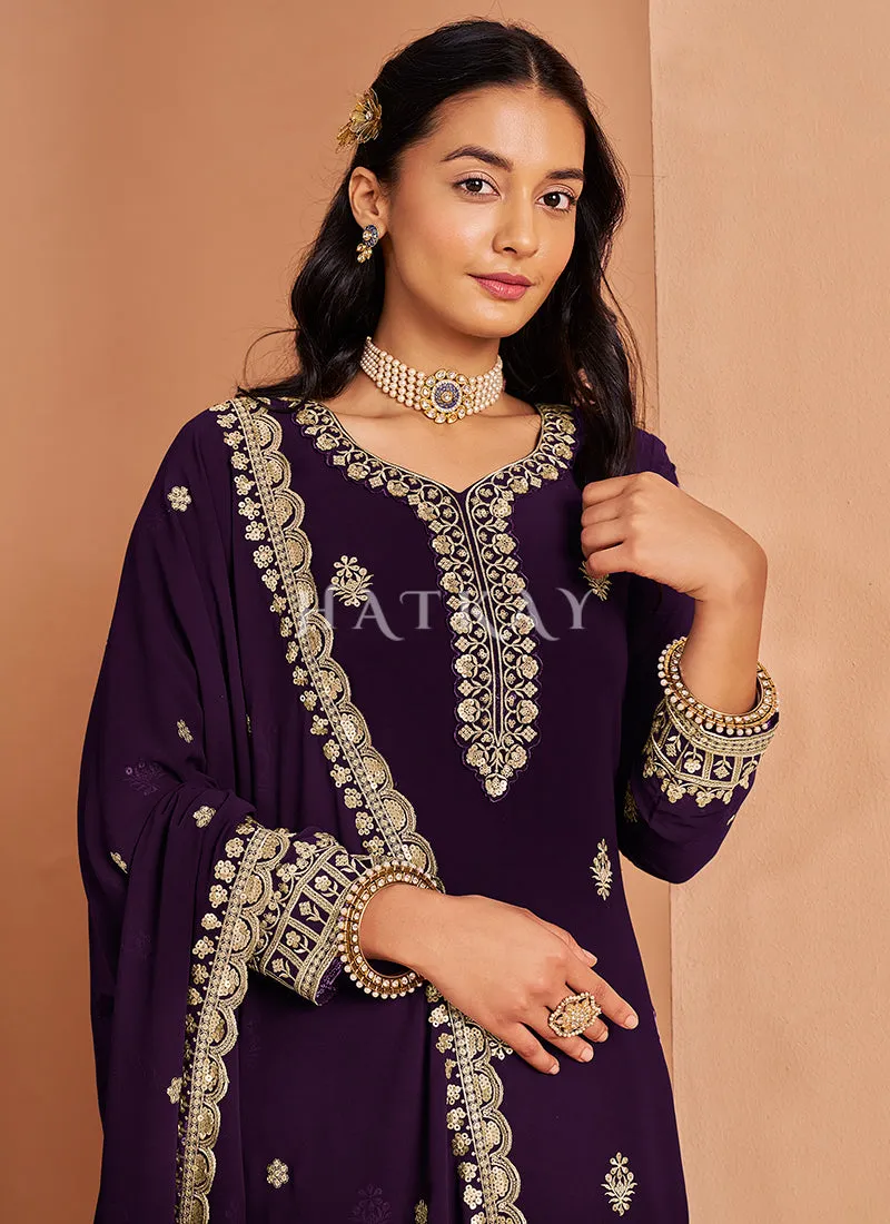 Deep Purple Embroidered Georgette Palazzo Suit