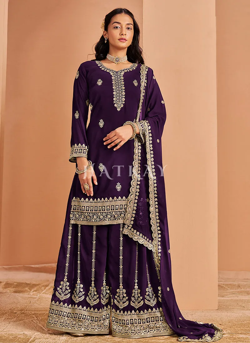 Deep Purple Embroidered Georgette Palazzo Suit