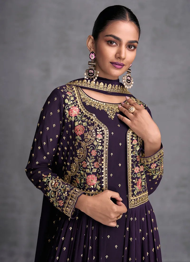 Deep Purple Multi Embroidered Jacket Style Gharara Suit