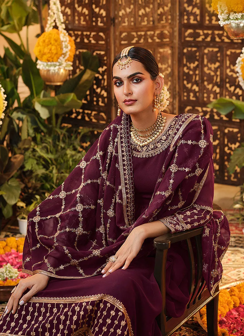 Deep Wine Crystal Embroidered Georgette Anarkali Suit