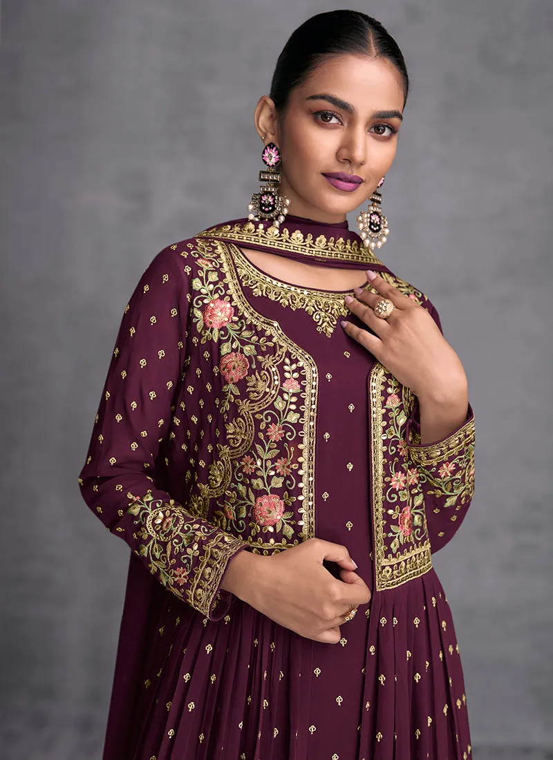 Deep Wine Multi Embroidered Jacket Style Gharara Suit