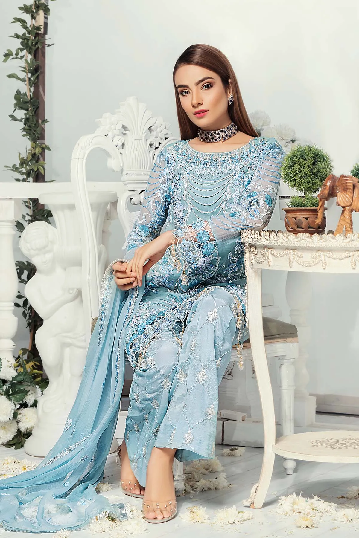 Designer Chiffon Suit in Light Blue Color  #J6115