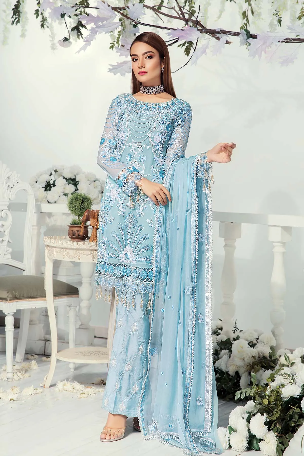 Designer Chiffon Suit in Light Blue Color  #J6115