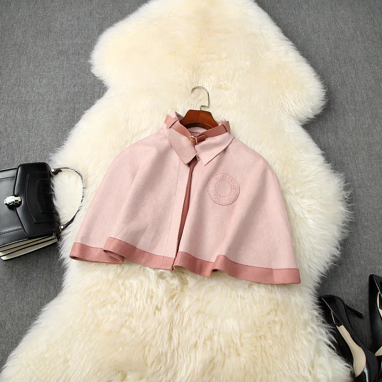 Double Breasted Cape Cloak Net Yarn Tops Vest Midi Dress Three-piece Set