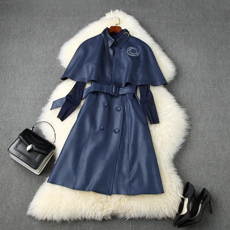 Double Breasted Cape Cloak Net Yarn Tops Vest Midi Dress Three-piece Set
