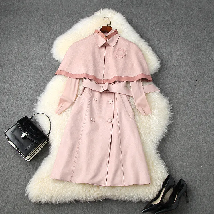 Double Breasted Cape Cloak Net Yarn Tops Vest Midi Dress Three-piece Set