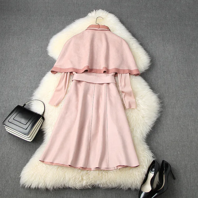 Double Breasted Cape Cloak Net Yarn Tops Vest Midi Dress Three-piece Set
