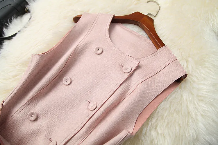 Double Breasted Cape Cloak Net Yarn Tops Vest Midi Dress Three-piece Set