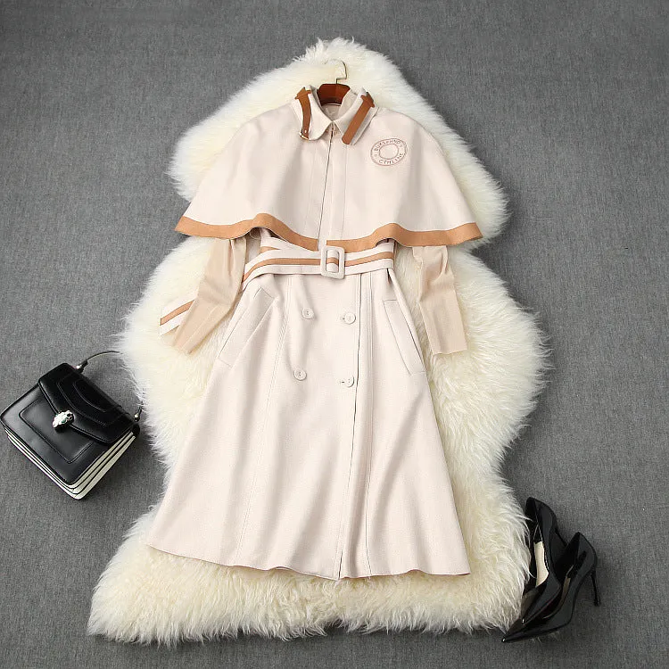 Double Breasted Cape Cloak Net Yarn Tops Vest Midi Dress Three-piece Set
