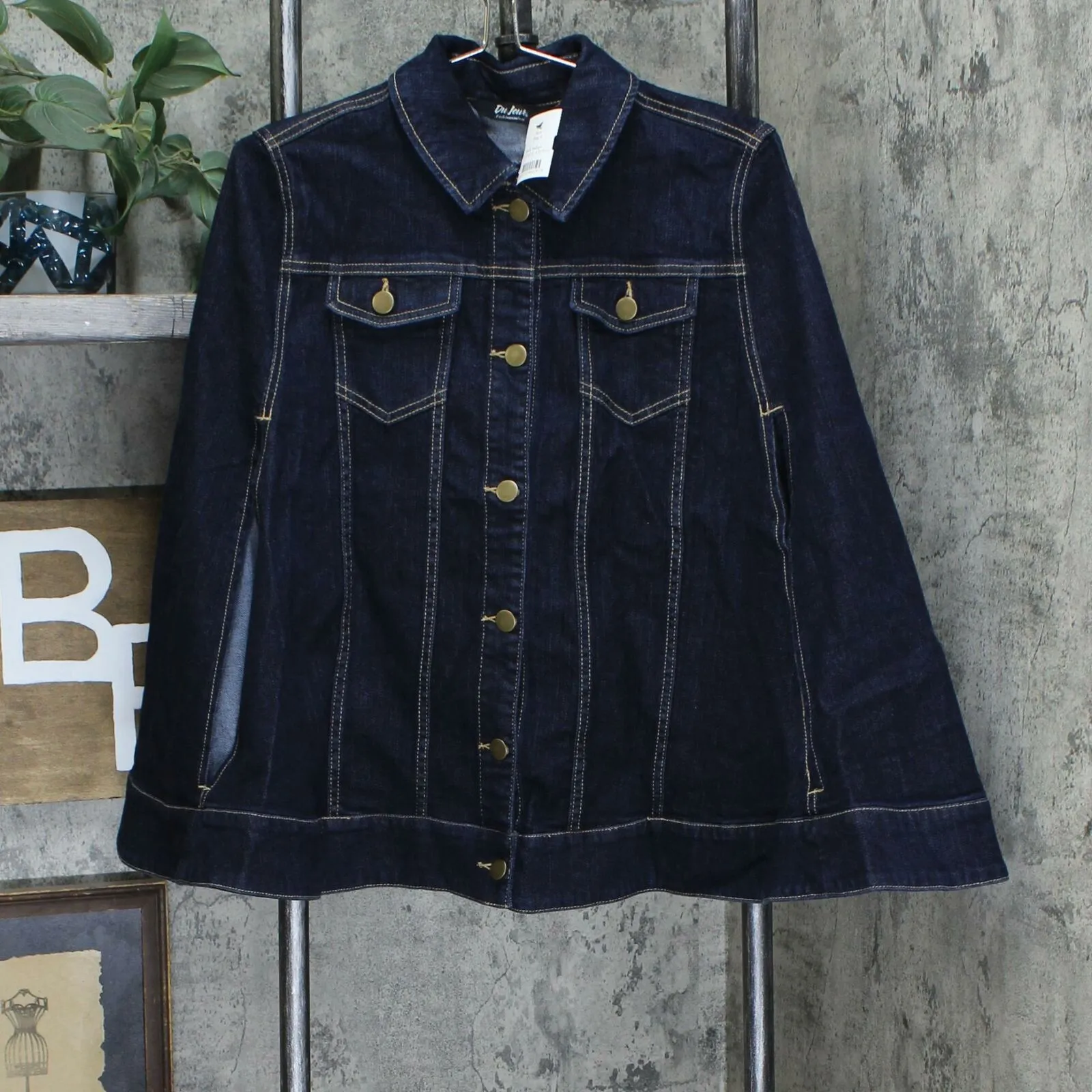 Du Jour Women's Button Front Denim Cape With Pockets