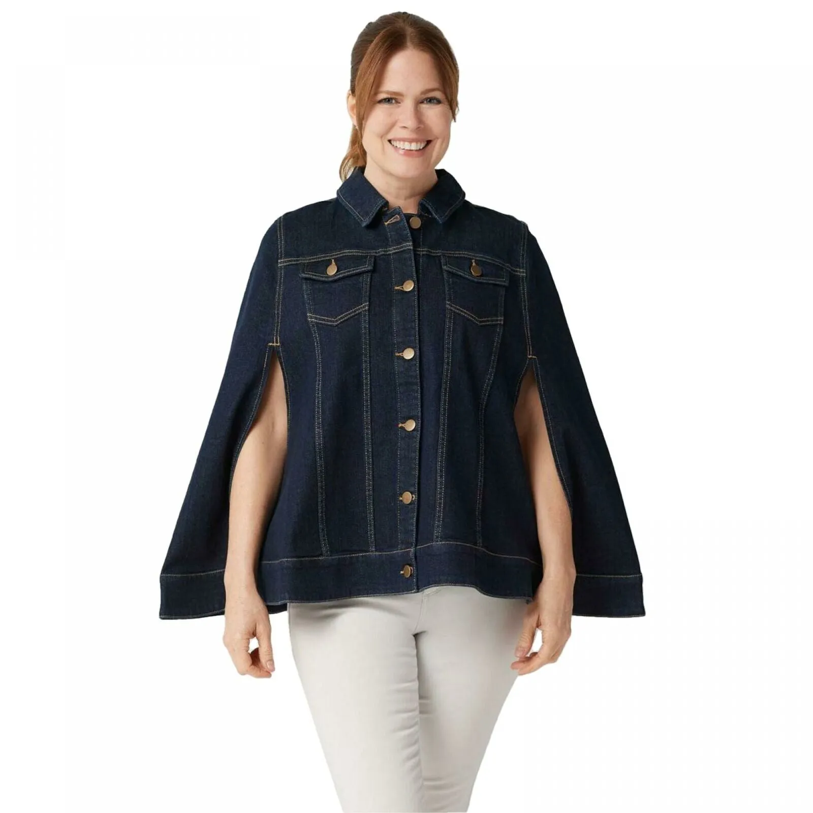Du Jour Women's Button Front Denim Cape With Pockets