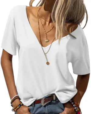 Eachyes Womens Deep V Neck T Shirts Casual Short Sleeve Loose Fit Basic Fashion Tee Tops White
